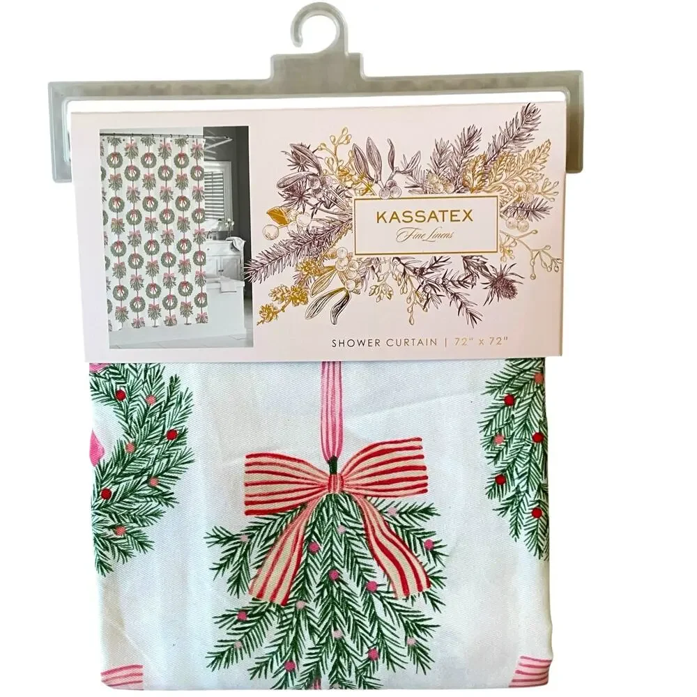 Kassatex Christmas Wreath Bow Fabric Shower Curtain 72x72 Chic Holiday Bath NEW